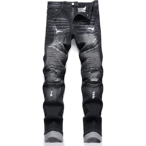 Pantalones Vaqueros de Mezclilla para Hombre, Corte Recto, Desgastados, Negros, Estilo Casual, Ajustados, Estilo Motociclista, de Algodón para Otoño - Product Image 1