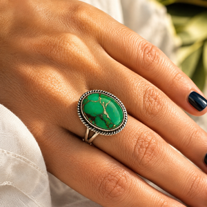 Handmade Green Copper Turquoise Oval <b>Ring</b> 925 Sterling <b>Silver</b> <b>Boho</b> Gemstone Jewelry for Women - Product Image 1