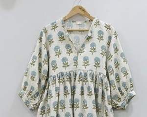 Robe d'été formelle simple 100 % coton faite à la main, écologique, motif floral imprimé au bloc indien, respirante, taille naturelle, longueur midi - Product Image 5