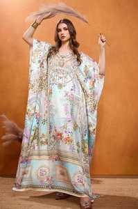 High Quality Designer Turkish Style <b>Kaftan</b> Women Polyester Handmade Batwing Sleeves V Neck Regular Fit Flared Hem Midi Party - Product Image 2