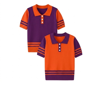 Women's Color Blocking Knitted <b>Pullover</b> <b>Sweater</b> Short Sleeve Turn-down Collar Button Closure Preppy Style Orange Purple - Product Image 1