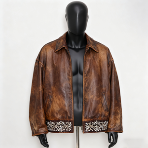 <b>Men's</b> Blue Genuine Leather Vintage Embossed <b>Jacket</b> <b>Checkered</b> Patchwork Design Turn-down Collar Zipper Closure Casual Spring Wear - Product Image 2