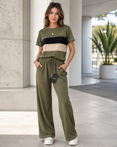 Ensemble de survêtement décontracté pour femme FAWKES, couleur noire, haut à manches courtes avec blocs de couleur, pantalon à fermeture éclair avec poches latérales, coupe régulière, hiver, 100% coton - Product Image 6