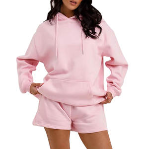 Compre Conjunto de Sudadera con Capucha y Pantalones Cortos de 2 Piezas para Mujer, Color Sólido, 100% Algodón, con Logotipo Personalizado - Product Image 4