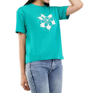 T-shirt décontracté pour femme, col rond, manches courtes, imprimé floral vert sarcelle, coupe ample, printemps-été, 100 % coton jersey tricoté - Product Image 4
