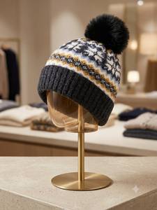 Unisex <b>Fair</b> <b>Isle</b> Knit Beanie Pom Pom Winter <b>Hat</b> 100% Acrylic Soft Stretch for Outdoor Casual Wear - Product Image 1