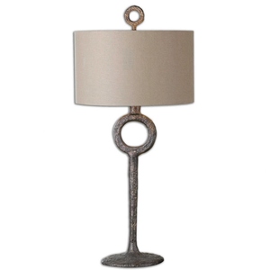 Lampe de table en bronze au design industriel, base en métal texturé de luxe, abat-jour en tissu taupe, élégante lampe de chevet. - Product Image 4
