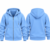 Sweat à capuche zippé de qualité supérieure bleu clair pour femme, en polaire, avec cordon de serrage, poche kangourou et épaules tombantes