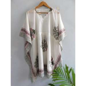 Vestido Kaftán de Algodón con Estampado de Bloques, Cuello en V, Mangas Murciélago, Lavable, Hecho a Mano, Estilo Boho, Túnica Holgada para la Playa, Ropa de Verano para Mujer - Product Image 4