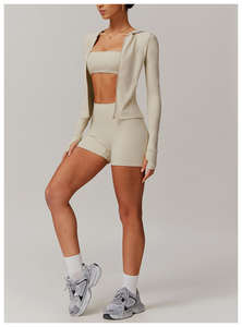 Ensemble de vêtements de sport pour femmes en cinq pièces, bleu, soutien-gorge de sport extensible, sweat-shirt et leggings, vêtements de fitness décontractés, coupe ajustée, logo sur le devant, recyclable - Product Image 4