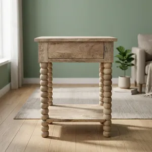 Mesita de Noche Moderna de Madera de Mango con Cajón, Estante Abierto y Patas Torneadas para Almacenamiento y Exhibición en el Dormitorio - Product Image 5