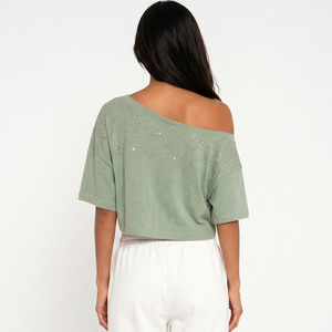 T-shirt court femme personnalisé en strass, coupe ample, en maille de coton, avec détails scintillants, style boxy, vêtement de boutique - Product Image 2