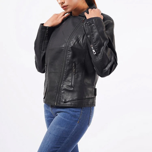 Chaqueta de Motociclista de Cuero PU para Mujer, Manga Larga, Cierre de Cremallera, Color Sólido, Cuello Camisero, Estilo Otoñal - Product Image 4
