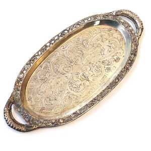 Vintage Silverplate Metal Serving <b>Tray</b> with Handles <b>Small</b> Oval Ornate Floral Design Vanity Decor - Product Image 4