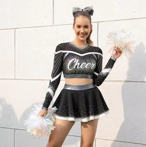 Cheerleading Uniform Set Black Rhinestone Crop Top <b>Skirt</b> Adult Women Dance Team Kit <b>Glitter</b> Print Front LOGO Wholesale Supplier - Product Image 3