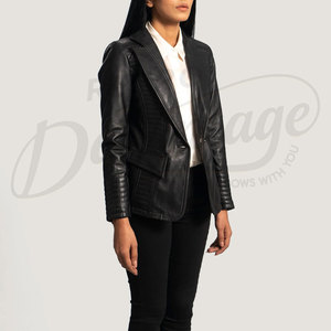 Women Black Real <b>Leather</b> <b>Blazer</b> <b>Jacket</b> Slim Fit Premium Sheepskin Quilted Paneling Casual Business Outerwear Fashionable Coat - Product Image 2