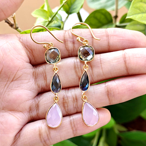 Designer pink chalcedony & quartz <b>hook</b> <b>earrings</b> handmade multiple shape bezel set gemstone drop dangle fashion briolette jewelry - Product Image 5
