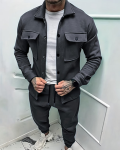Men's Dark Gray Workwear Style Jacket & <b>Pants</b> Set Turn-<b>Down</b> Collar Solid Color Autumn Wear FRENCH TERRY Fabric made bangladesh - Product Image 1