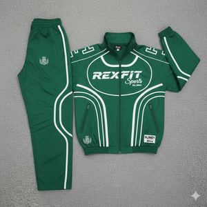 Conjunto Deportivo Rexfit Impermeable para Entrenamiento, Chaqueta y Pantalones Cortos Color Verde con Diseño de Parches, Cortavientos Deportivo para Hombre - Product Image 1