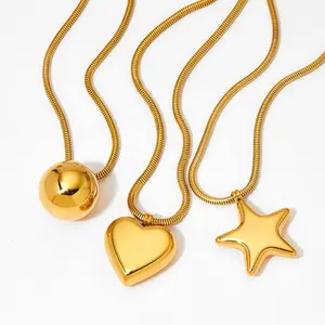 High Quality Smooth Star Heart Sphere Stainless Steel Jewelry Snake Chain Choker Necklace Chunky Hollow Pendant Necklace Women