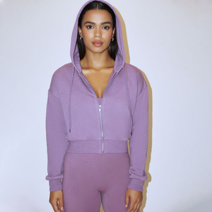 PUFFIN SPORTS Women's Hooded <b>Zip</b>-<b>Up</b> <b>Cropped</b> Sweatshirt Solid Color Full Sleeve Knitted Polyester Breathable Winter Lined Casual - Product Image 6