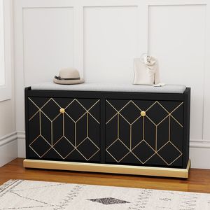 Banc d'entrée moderne avec 2 tiroirs rabattables et assise rembourrée, meuble à chaussures capitonné avec rangement - Product Image 2