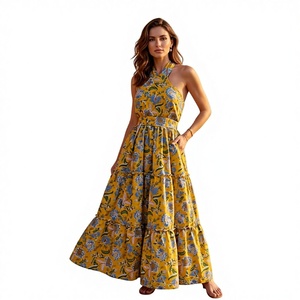 เดรสยาวผ้าฝ้ายพิมพ์ลายดอกไม้แบบแฮนด์บล็อกจาก Soul Jaipur คอเต่า สายเดี่ยว ชายกระโปรงแบบพันรอบ เหมาะสำหรับฤดูร้อน ชายหาด วันหยุดพักผ่อน สไตล์ธรรมชาติ - Product Image 1