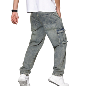 Pantalon cargo en denim vert vintage pour homme, coupe décontractée, jambe droite, multi-poches, jean décontracté délavé, utilitaire, pour tous les jours, taille XL, 100% coton - Product Image 2
