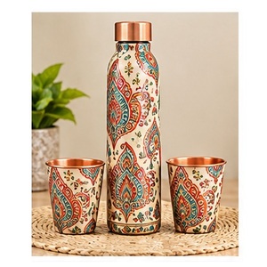 Ayurvedic Copper <b>Water</b> <b>Bottle</b> Set with Floral Design Portable Travel <b>Thermos</b> and Cups Navy Blue - Product Image 3