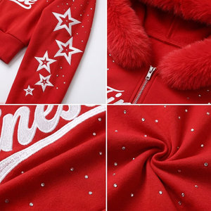 Latest Style Women's Red Hooded Tracksuit Full Length Zipper Flared <b>Pants</b> with Star Print and Faux Fur Trim Winter Streetwear - Product Image 6