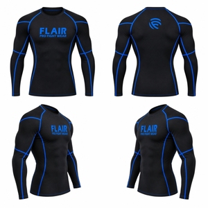 Flair <b>Men's</b> Long Sleeve Compression <b>Shirt</b> <b>Black</b> Blue Trim Quick Dry Sporty <b>Fit</b> O-Neck Knitted Polyester - Product Image 6