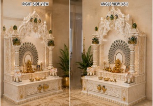 Designer Marble Look Wooden Temple with Peacock Carvings Custom Made Handcrafted Pooja <b>Mandir</b> For Home Teak Wood Puja Unit UK - Product Image 5