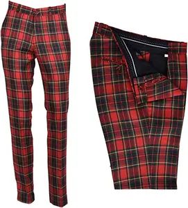 Men's Red Tartan Tweed Check Golf Sta Press Trousers Slim Fit Pants