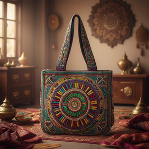 Sac fourre-tout indien traditionnel de luxe fait main, multicolore, orné de perles de verre, durable, artisanal, avec poignée baguette, mode décontractée haut de gamme - Product Image 3
