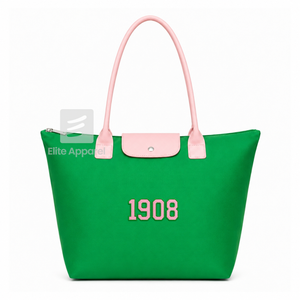 Bolsa de Mano Personalizada de la Hermandad Alpha Kappa Alpha, Verde y Rosa, con Logotipo Bordado, de Gran Capacidad, de Cuero, para Uso Diario, para Mujer - Product Image 1