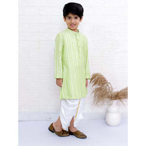 Conjunto de Kurta de Manga Larga con Rayas Verde Lima y Blanco para Niños, Pantalón Dhoti, Salwar Kameez Pakistaní, Dupatta, Kurtis de Poliéster Verde Lima y Blanco - Product Image 4