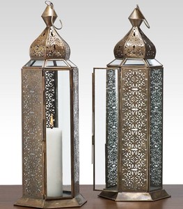 Modern Geometric <b>Brass</b> <b>Lanterns</b> Glass Hexagonal Indoor Tabletop Home Decor Living Room Accent Pieces - Product Image 2