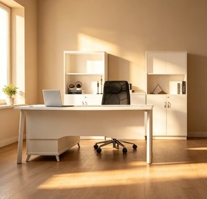 Bureau de direction rectangulaire blanc moderne en bois, de qualité commerciale, avec armoire de rangement, autoportant, assemblage requis, pour bureau à domicile - Product Image 2