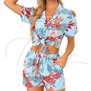 Ensemble deux pièces personnalisé pour femmes, chemises en lin imprimées hawaïennes à manches courtes, ensembles pour femmes - Product Image 1