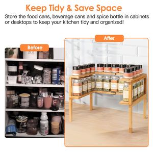 2-Tier Expandable Bamboo <b>Spice</b> <b>Rack</b> <b>Kitchen</b> Storage Seasoning Organizer Cabinet Stackable and Extendable <b>Spice</b> Jar <b>Rack</b> - Product Image 2