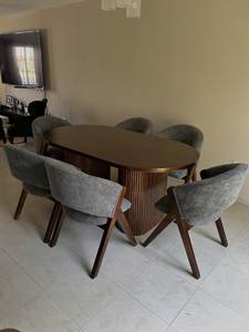 Juego de comedor ovalado contemporáneo de lujo con silla tapizada, muebles de comedor modernos de madera oscura - Product Image 2