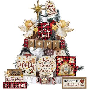 Set Decorazioni Natalizie per Vassoio a Tre Livelli Stile Rustico, Decorazioni Invernali per Feste, Insegne in Legno con Pupazzo di Neve, Fiocchi di Neve e Camion per Feste di Natale - Product Image 2