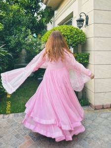 Vestido Anarkali Salwar Kameez de Georgette Rosa con Bordado de Hilo, Manga Larga, para Bodas y Fiestas, para Mujer - Product Image 2