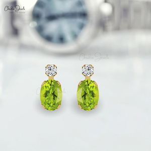 Boucles d'oreilles clous en or massif 14 carats avec péridot naturel et diamant, taille ovale 7x5mm, pierre précieuse, fermoir poussoir, bijoux pierre de naissance d'août - Product Image 5