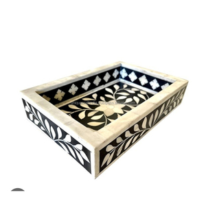 Plateau en bois classique fait à la main avec incrustations d'os, motif floral noir, technique polie, pour la cuisine, la salle à manger, la table basse, le service - Product Image 2