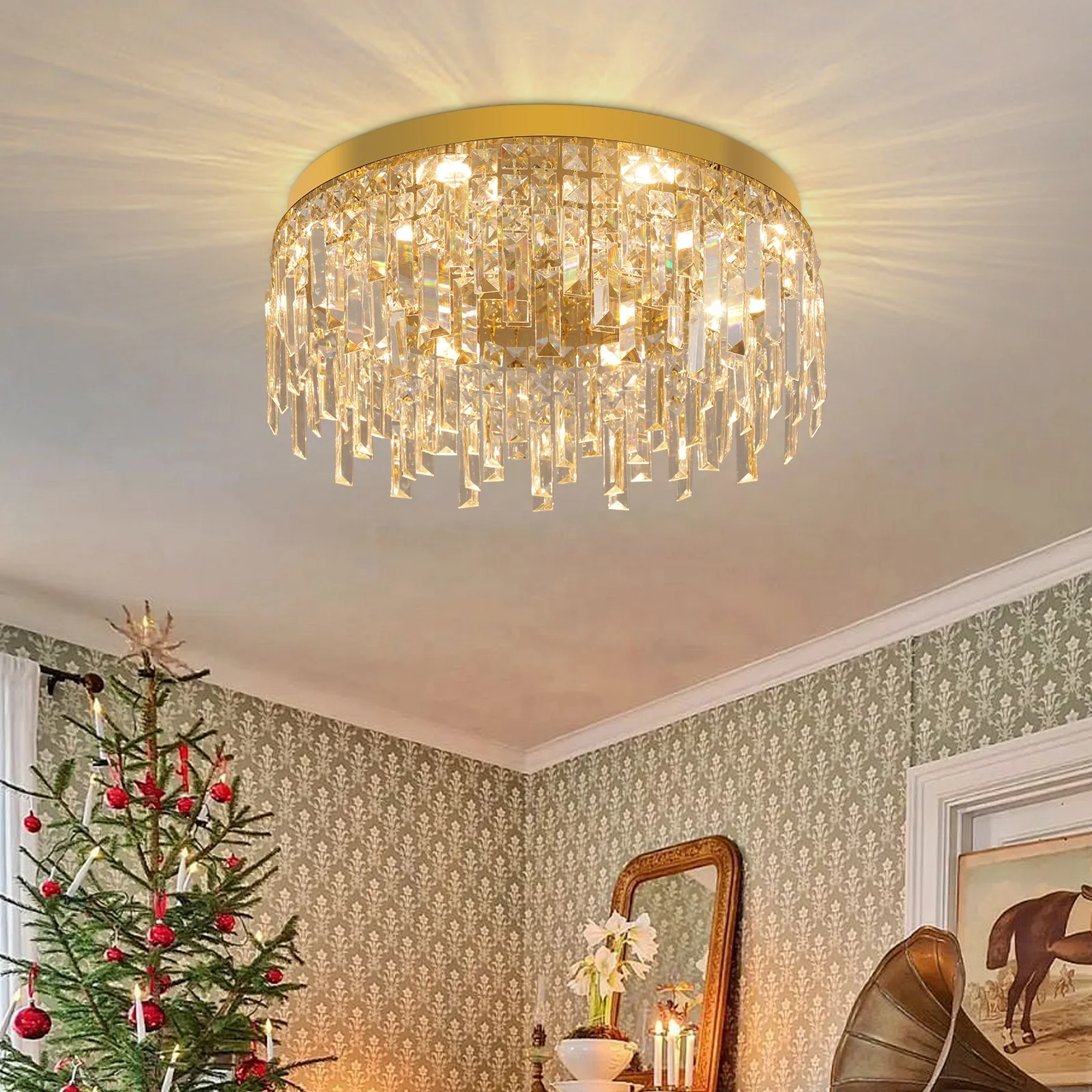 Modern Luxury Led Creative Round Embedded Crystal Ceiling Lamp Hotel Living Room Illumination Changeable 3 Colors Ceiling Light