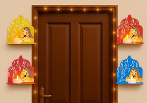 Autocollant mural artisanal traditionnel indien Jharokha pour bougie chauffe-plat en MDF, motif Pichwai Bani Thani, pour décor de salle de Pooja festive Diwali - Product Image 2