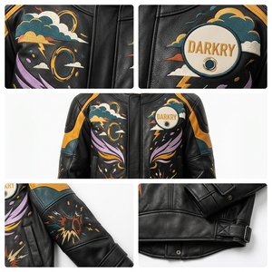 Chaqueta Bomber de Cuero Genuino para Hombre con Bordado a Mano y Patrones Coloridos, Cuello Camisero, Cierre de Cremallera, Estilo Otoñal - Product Image 6