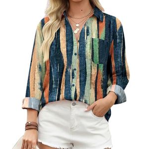 Custom Women's Polyester Chiffon Multicolor <b>Stripe</b> Long Sleeve Office Shirt with Button Front and Flowing Fit - Product Image 3