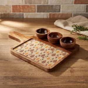Mango Wood <b>Serving</b> <b>Platter</b> Set with 3 Dip Bowls | <b>Wooden</b> Snack Cheese Board | Decorative Printed <b>Serving</b> Tray for Dips Dry Fruit - Product Image 6
